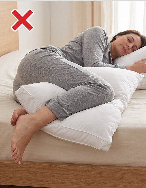 Almohada de cama convencional aplastada entre las piernas