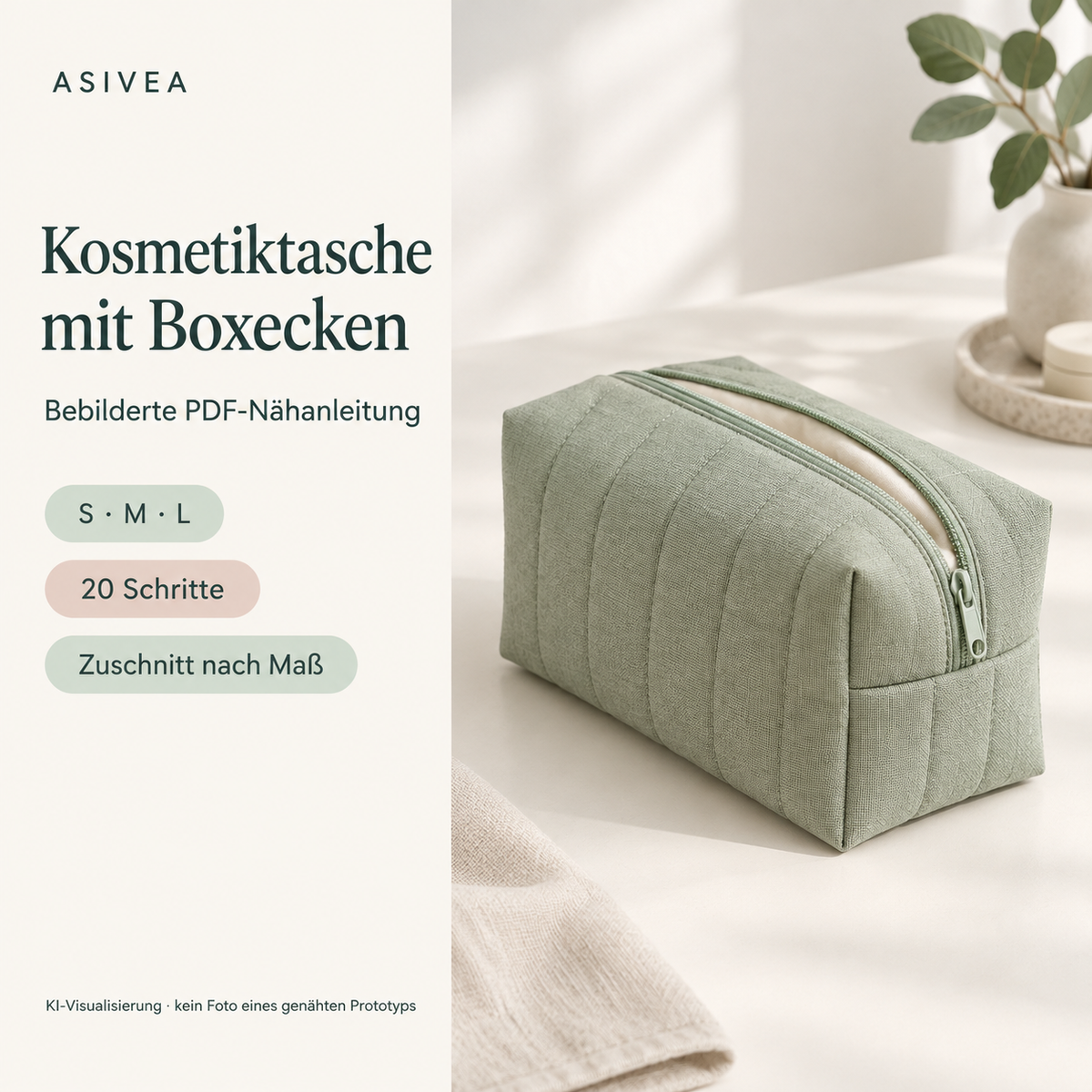 ASIVEA | Kosmetiktasche mit Boxecken nähen – bebilderte PDF-Anleitung (S, M, L)